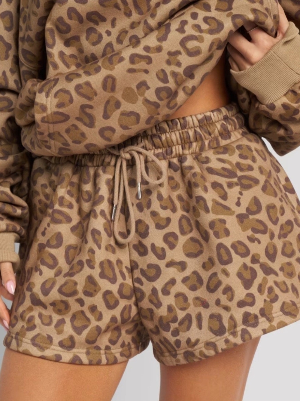 Confrt Leopard Print Drawstring Lounge Shorts - Taupe